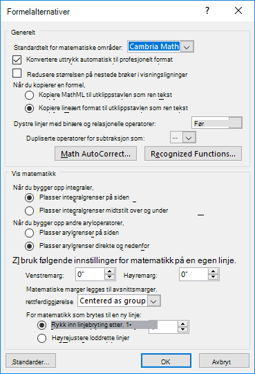 Bilde som viser dialogboksen Alternativer for formel