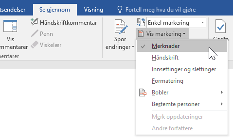 Vise Markering-alternativer under Se gjennom-fanen