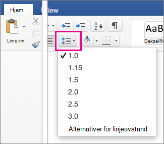 Linjeavstand er uthevet på Hjem-fanen