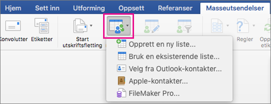 Velg mottakere er uthevet med en liste over alternativer på Masseutsendelser-fanen