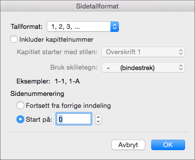 Velg nummerstil og startnummer i Sidetallformat.