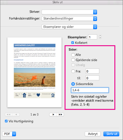 Dialogboksen Skriv ut med Sider-inndelingen uthevet