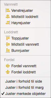 Hvis du vil justere objekter i forhold til hverandre, velger du Juster merkede objekter.