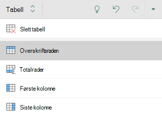 Alternativet Overskriftsrad valgt for en tabell i Excel for Android
