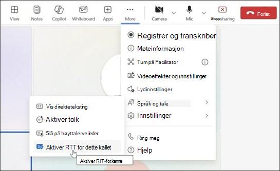 Flere handlinger for Teams-møte i Windows-appen.