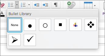 Tilgjengelige punktstilalternativer i punktbiblioteket i Outlook for Mac.