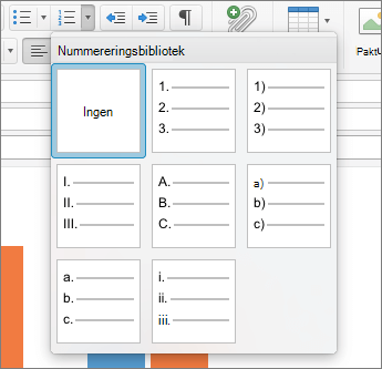 Tilgjengelige alternativer for nummereringsstil i nummereringsbiblioteket i Outlook for Mac.