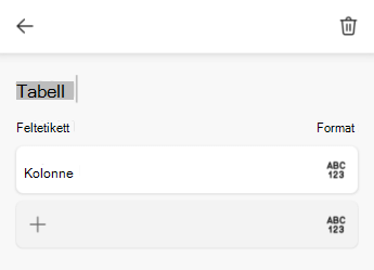 Tekstfelt for tabellnavn i Excel for Android
