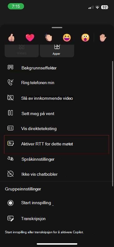 Flere handlinger for Teams-møter på iOS.