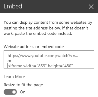 Skjermbilde av dialogboksen Bygg inn kode i SharePoint.