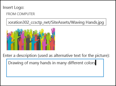 Dialogboksen for tittel og logo på nytt område i SharePoint Online viser hvordan du lager alternativ tekst for logobildet