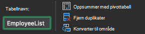 Tabellnavn-feltet i Excel for Mac