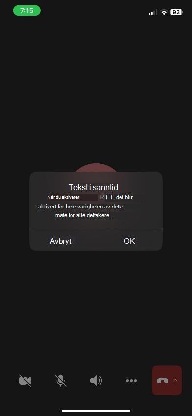 Teams-møtevindu med RTT-panelet nederst på iOS-enheten.