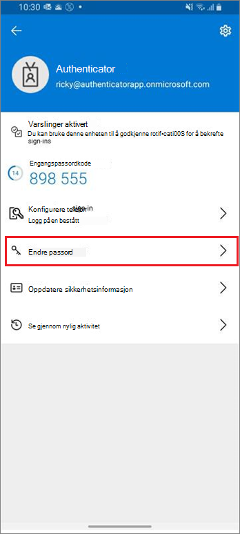 Hjemmesiden for jobb- eller skolekontoen, som viser uthevet Endre passord-kobling