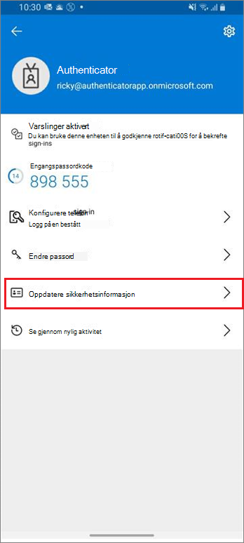 Hjemmesiden for jobb- eller skolekontoen, som viser uthevet kobling til informasjon om oppdateringssikkerhet