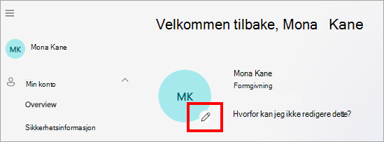 Skjermbilde av Min konto-portalen som viser brukerne profilbilde, navn og ulike alternativer for kontoinnstillinger, for eksempel språk, tidssone og personverninnstillinger. Redigeringsikonet er synlig over profilbildet, som angir hvor brukere kan klikke for å oppdatere bildet.