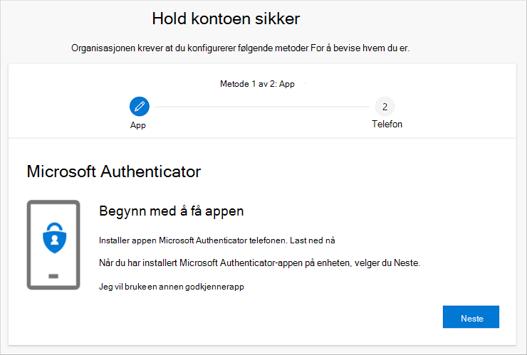 Behold veiviseren for sikker konto, som viser nedlastingssiden for Authenticator-appen