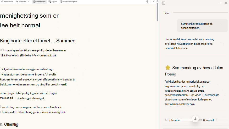 Skjermbilde av lesemodusoppsummering.