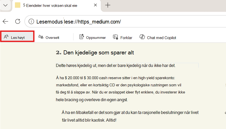 Skjermbilde av les høyt.