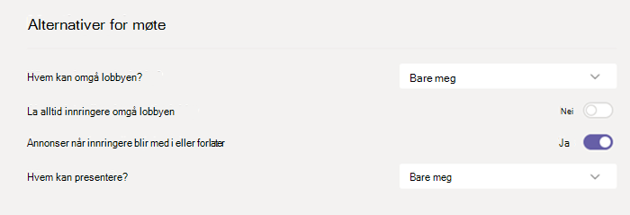 Møte alternativer i Teams.