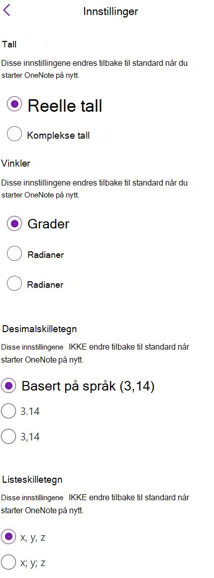 En liste over justerbare innstillinger med alternativknapper