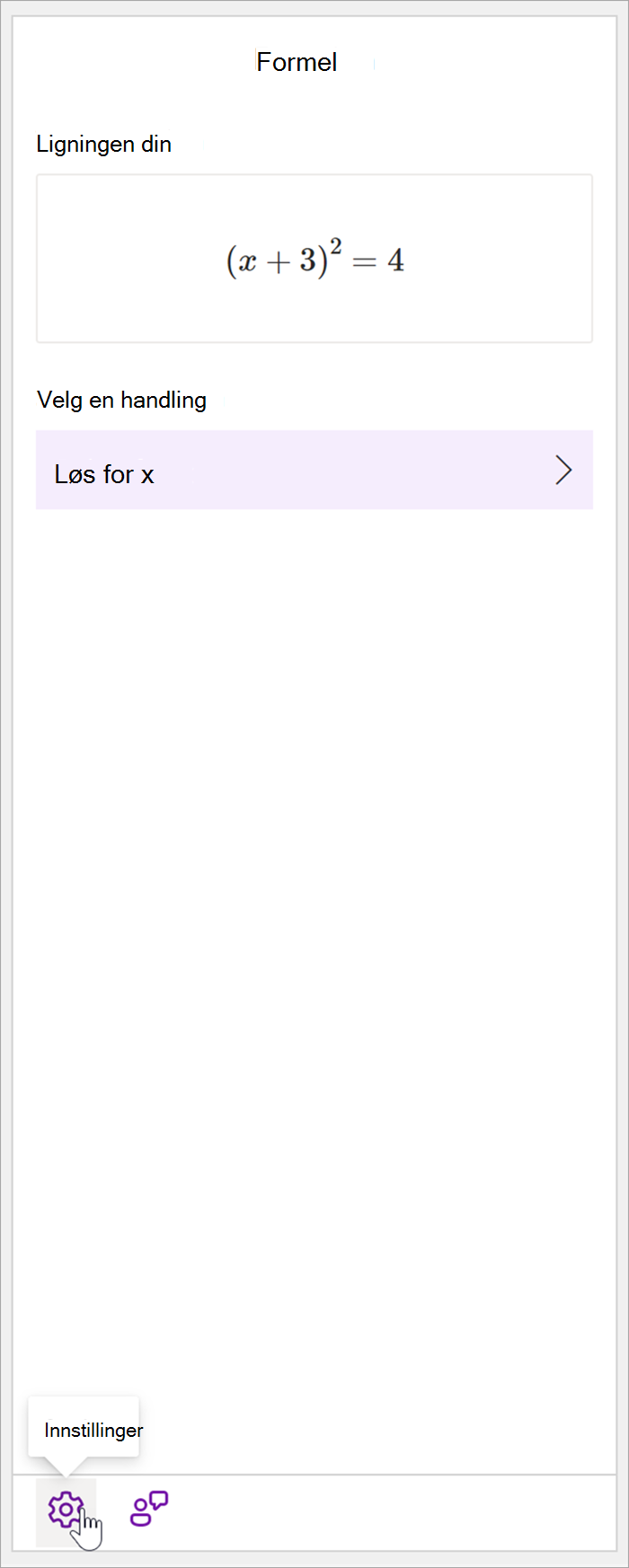 skjermbilde av hele den matematiske ruten i onenote-skrivebordet med formelen (x+3)^2=4. en markør holdes over innstillinger-ikonet.