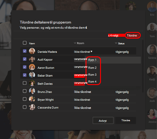 Bilde som viser hvordan du velger grupperom for deltakere.