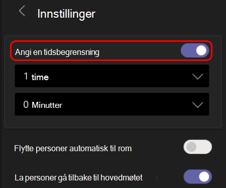 Bilde som viser hvordan du angir tidsbegrensning for grupperom.