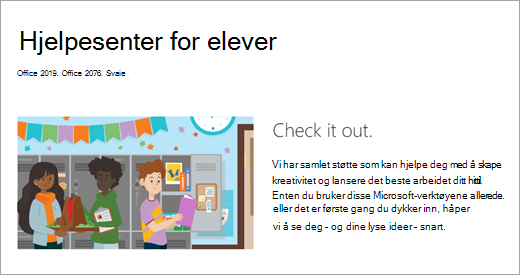 Nettside som inneholder en illustrasjon av elever ved en skole