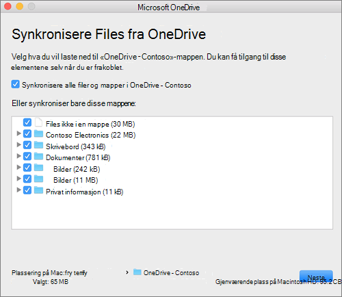 Skjermbilde av konfigurasjonsmenyen for OneDrive for å velge hvilke mapper eller filer som skal synkroniseres.