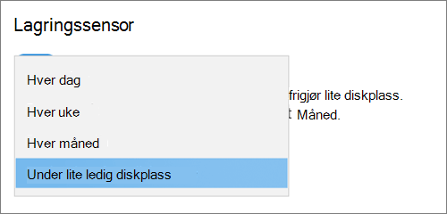 Windows 10 Rullegardinmeny for lagring velger frekvens for å kjøre lagringssensor