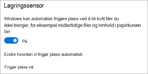 Windows 10 Lagringsplass veksle for å aktivere lagringssensor