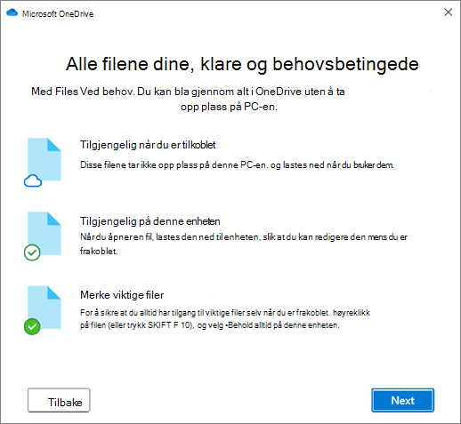 Skjermbilde Filer ved behov i veiviseren Velkommen til OneDrive