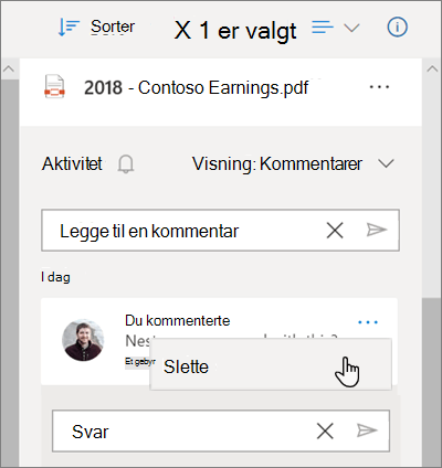 OneDrive-detaljruten, som viser kommentarer som er igjen på en delt fil og Slett-alternativet valgt for en kommentar