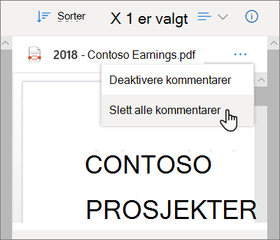 Detaljer-ruten i OneDrive med alternativet Slett alle kommentarer valgt fra rullegardinmenyen