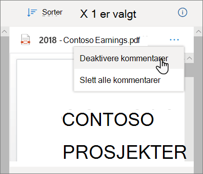 Detaljer-ruten i OneDrive med alternativet Deaktiver kommentarer valgt i rullegardinmenyen