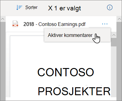 OneDrive-detaljer-ruten med alternativet Aktiver kommentarer valgt i rullegardinmenyen