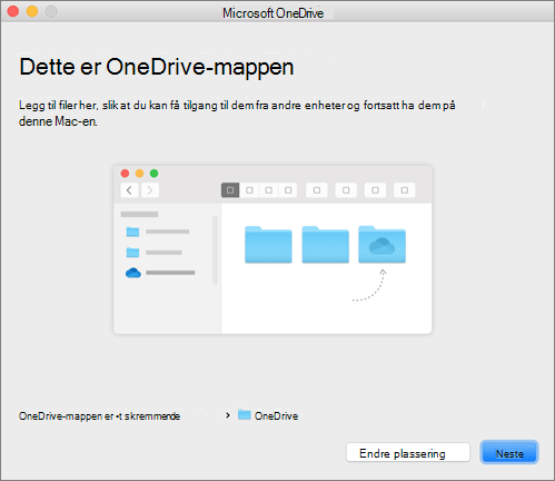 Skjermbilde av siden Dette er OneDrive-mappen din i veiviseren Velkommen til OneDrive på Mac