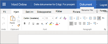 Klikk tittellinjen for å endre navnet på et Word Online-dokument