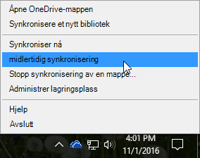 Et skjermbilde av den forrige synkroniseringsklienten for OneDrive for Business med Stans synkronisering midlertidig valgt.