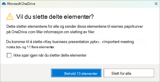 Skjermbilde av bekreftelsesmeldingen for OneDrive for sletting av delte filer