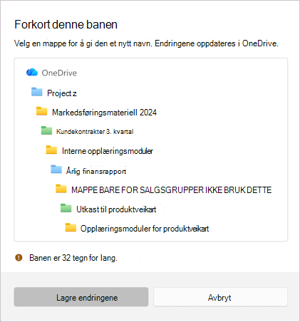 Skjermbilde som viser meldingen for å forkorte det valgte filnavnet.