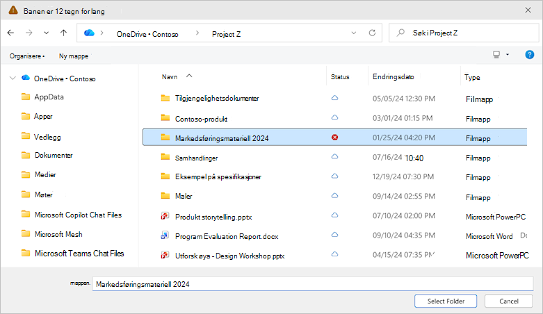 Skjermbilde som viser dialogboksen Velg mappe i OneDrive.