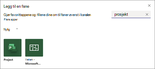 Skjermbilde som viser dialogboksen Legg til en kategori og søkeresultater for termen prosjekt