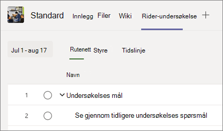 Skjermbilde som viser Project-fanen sammen med andre Teams-kanalfaner