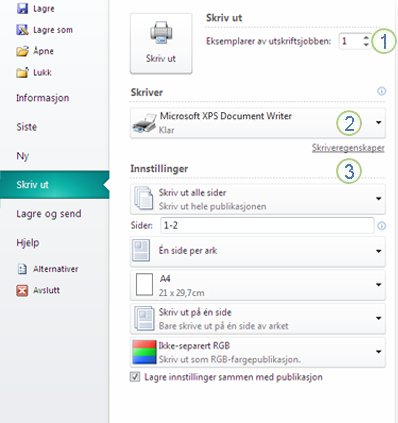 Utskriftsinnstillinger i Publisher 2010