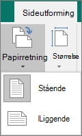Sideutforming-fanen med Retning valgt og alternativer for Stående eller Liggende.