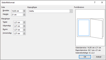 Utskriftsformat, dialogboks, oppsetttype