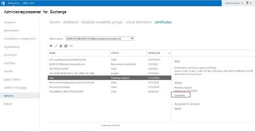 Skjermbilde av vinduet i Office 365 Exchange Admin Center
