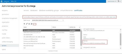 Skjermbilde av vinduet i Office 365 Exchange Admin Center